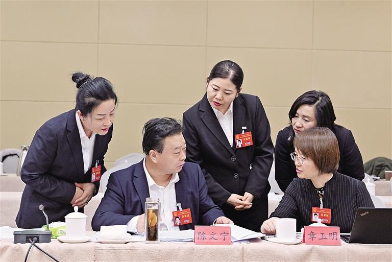 在会议间隙认真讨论政府工作报告